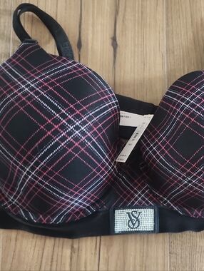 Victoria's Secret Black Plaid Push-Up Bra with Pink and White Accents